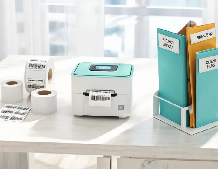 Dymo label printer and organized office labels